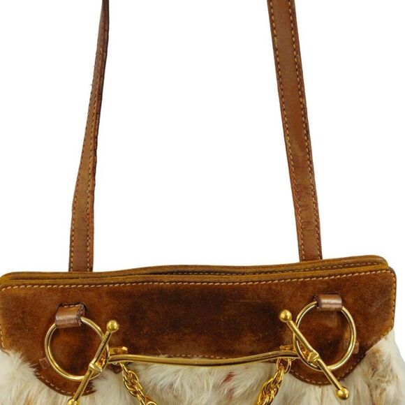 Rare Vintage Gucci Tan Suede & Cream Fur Bag with 24kt Gold Horsebit Hardware - Picture 4 of 10